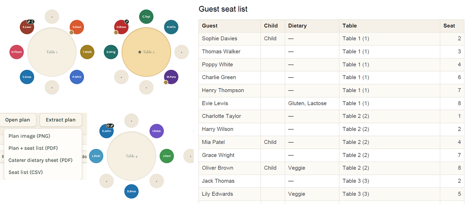A real exported plan picture beside the exported guest seat list table