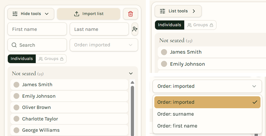 An example list of 18 invented guests ready to seat