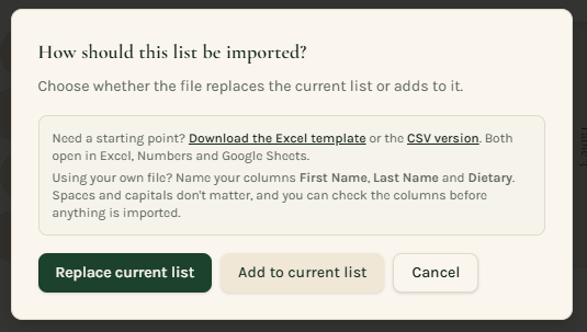 Importing options and downloadable templates