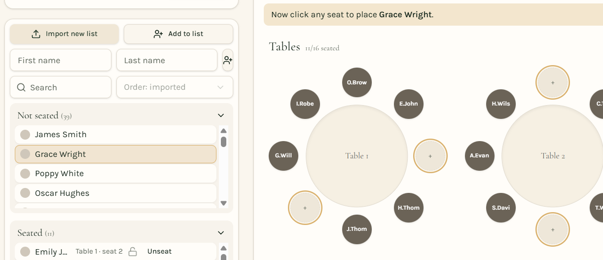 A circle table with six guests shown by initials and no paid features