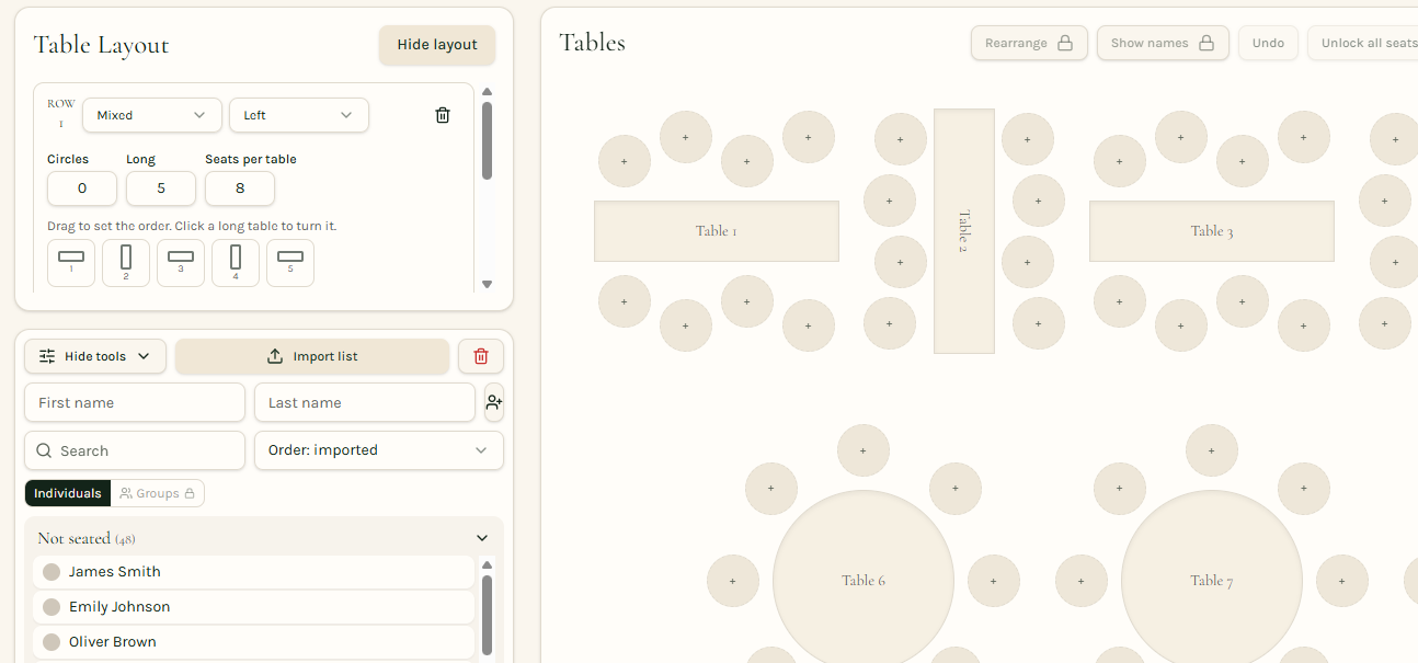 A circle table and a separate long table with empty seats