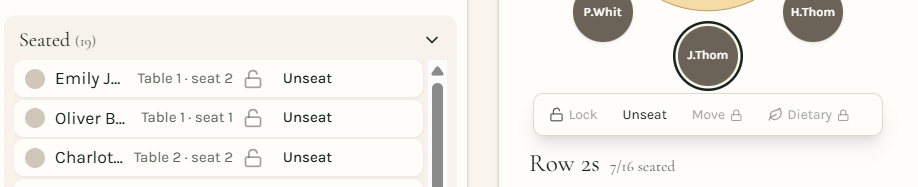 List and Tables showing unseat options