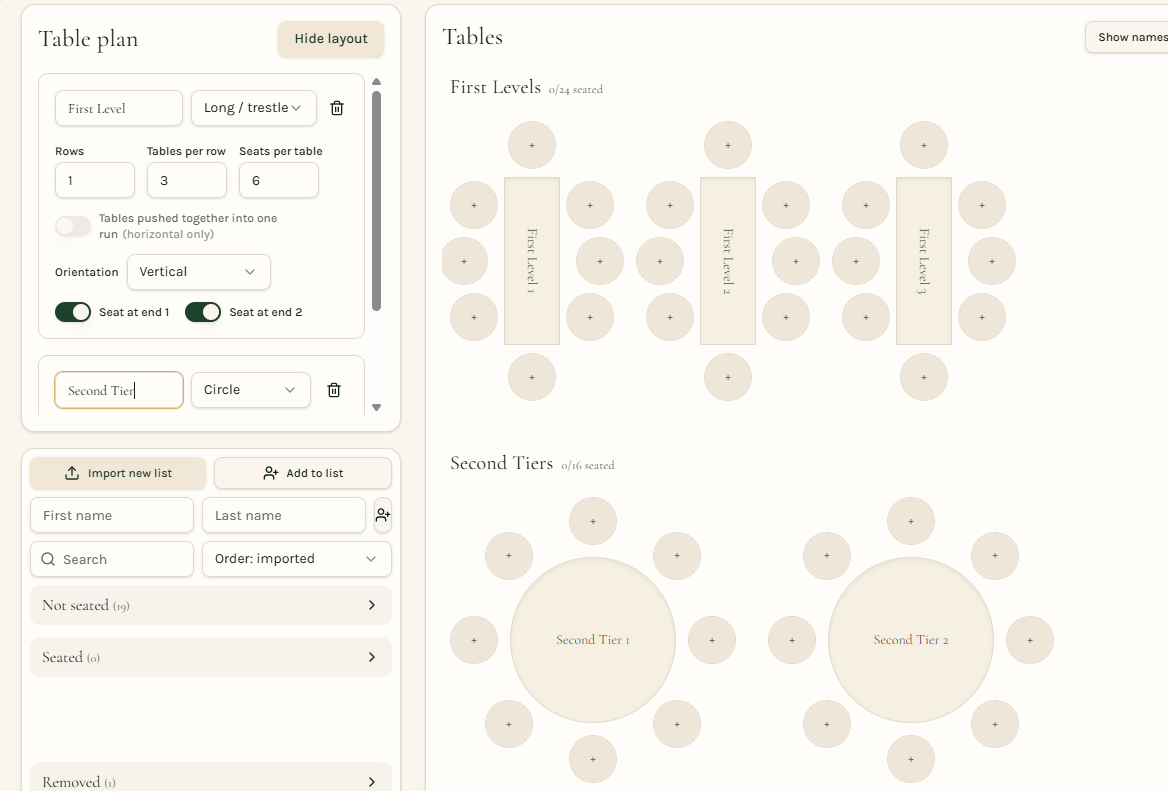 Circle and long tables with empty seats in a seating plan tool